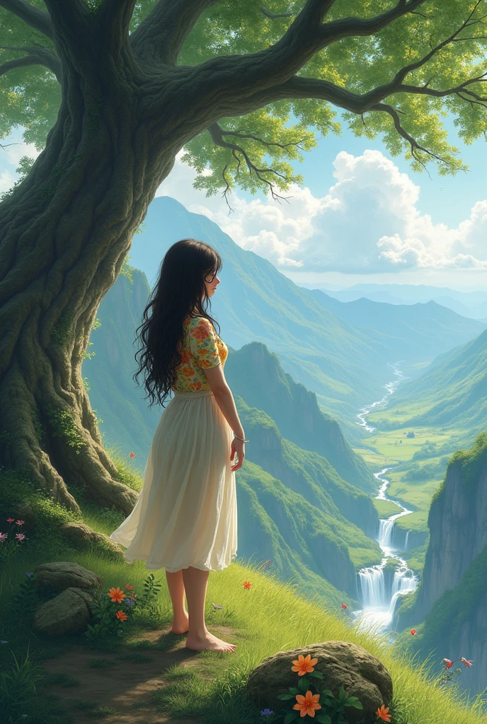 a brunette girl, with long hair that almost touches her curly feet , she is under a gigantic tree the size of Everest. The tree is on the highest mountain above the clouds almost in the sky, the view is stunning both of the landscape and the girl&#39;s beautiful body, your hair moves in the gentle breeze and the sun shines on it, She is dressed in a knee-length skirt and a brightly colored flowered peasant shirt., Although she is short, she has a nice ass and nice breasts, she admires the green fields and waterfalls, your thighs and your ass are very delicious 