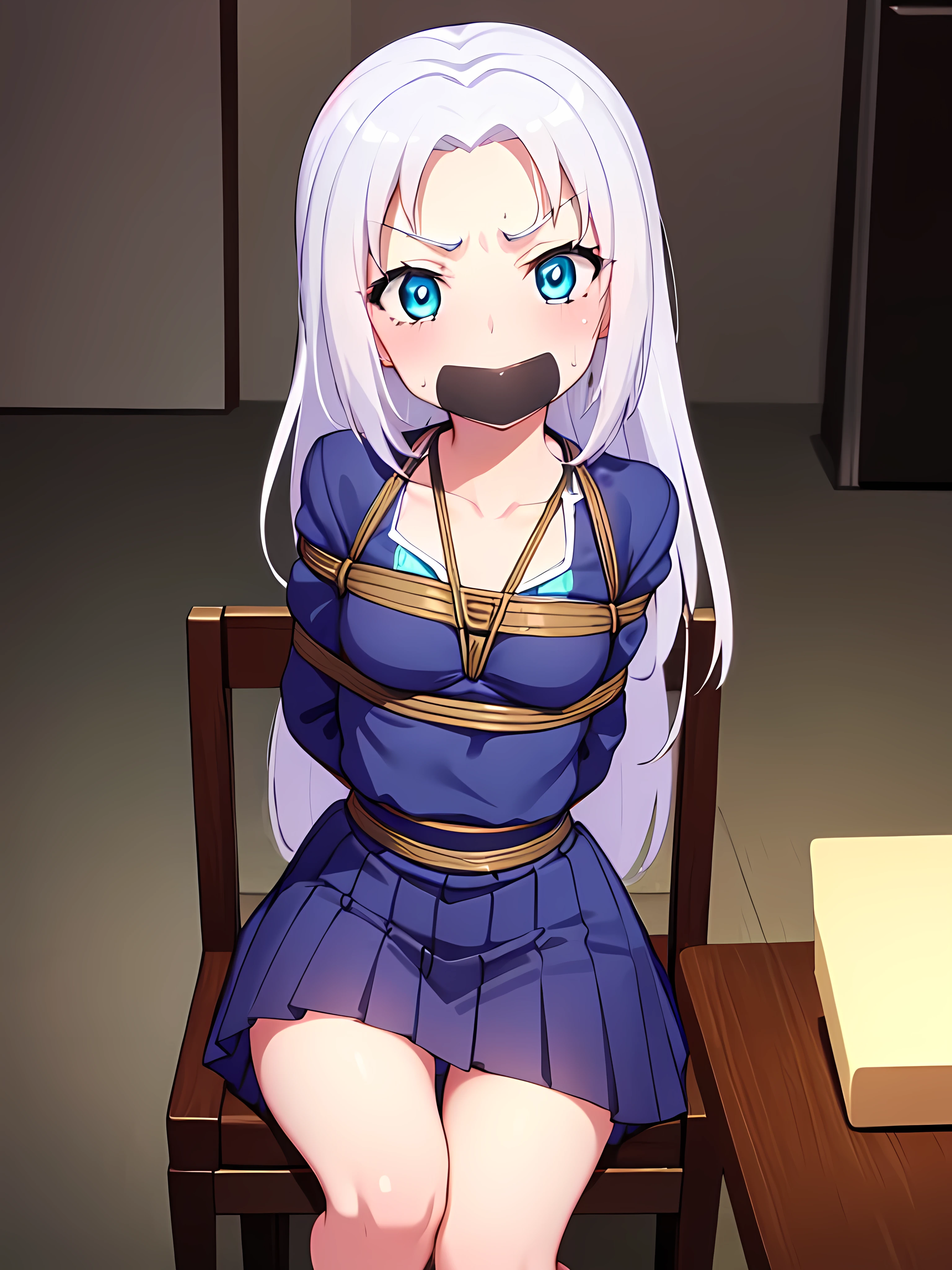 masterpiece,Best Quality,Very detailed,1 girl,Alone,worried,concentrating,V-shaped eyebrows,wince,sweat,sweatdrop,blush, mariatakayama, maria takayama, by the wide, blue eyes, Canine, aquamarine eyes, break jewelry, heart, collar, only, habit, short white skirt BREAK inside, classroom, ROMPER shibari,bdsm,(((shibari about la ropa,rope,tied,content,tied to a chair))),chair, Love, Lovegag, Love on the mouth, gagged, tied, tied up, tied to a chair, tied to a chair, Hands behind the back, tied ankles (masterpiece:1.2), Best Quality, High resolution, unity wallpaper 8k, (illustration:0.8), (beautiful detailed eyes:1.6), extremely detailed face, perfect lighting, Extremely detailed CG, (perfect hands, perfect anatomy),