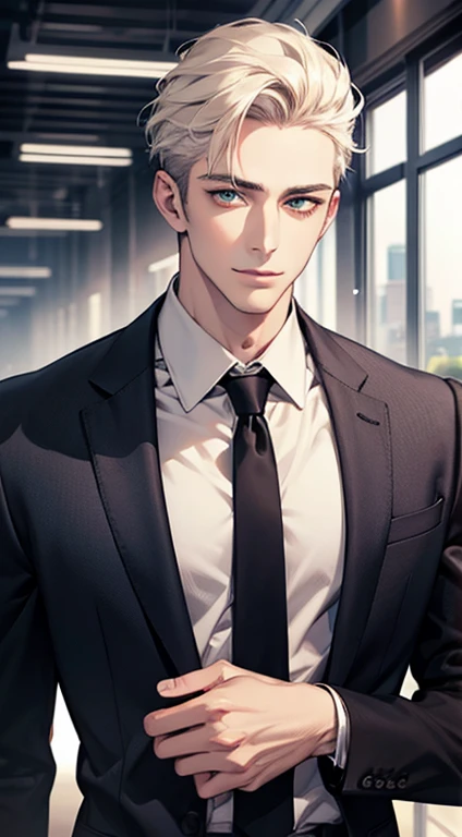 (Highest quality,4K,8K,High resolution,masterpiece:1.2),Super detailed,(Realistic,photoRealistic,photo-Realistic:1.37),1 person,34 years old,Mature Men,Beautiful skin、very handsome,Expressionless smile in love,Short white hair,green eyes,Sharp Eyes,A perfect face without a doubt,Businessman, CEO, Office Background,Cinema Lighting,HDR image,tie、