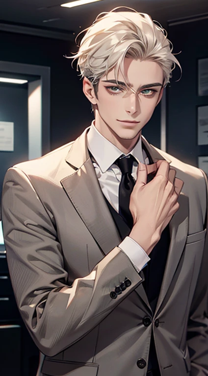 (Highest quality,4K,8K,High resolution,masterpiece:1.2),Super detailed,(Realistic,photoRealistic,photo-Realistic:1.37),1 person,34 years old,Mature Men,Beautiful skin、very handsome,Expressionless smile in love,Short white hair,green eyes,Sharp Eyes,A perfect face without a doubt,Businessman, CEO, Office Background,Cinema Lighting,HDR image,tie、
