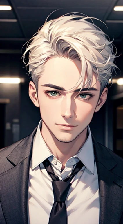 (Highest quality,4K,8K,High resolution,masterpiece:1.2),Super detailed,(Realistic,photoRealistic,photo-Realistic:1.37),1 person,34 years old,Mature Men,Beautiful skin、very handsome,Expressionless smile in love,Short white hair,green eyes,Sharp Eyes,A perfect face without a doubt,Businessman, CEO, Office Background,Cinema Lighting,HDR image,tie、