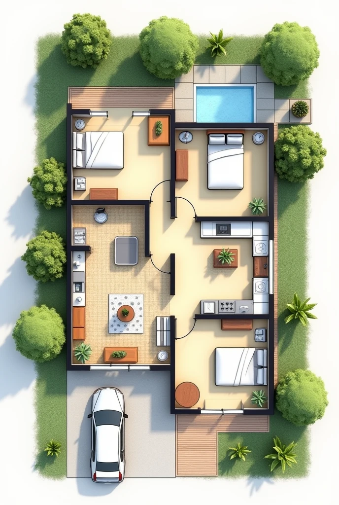 a plan of a house that has 3 rooms, 2 bathrooms, 1 kitchen, A room, a laundry room, 1 patio with 3 large trees and plants