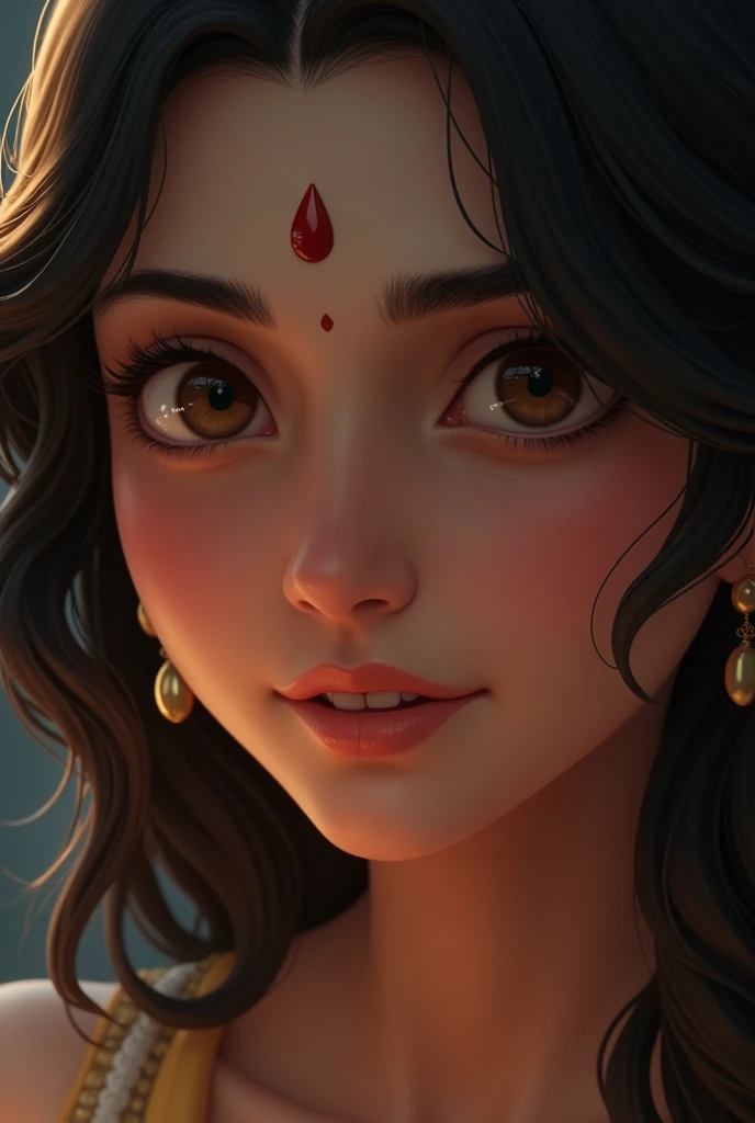A close-up of Ganga's face, with a hint of a smile, as she says, "राजन्! आपकी पत्नी होना मुझे स्वीकार है" (I accept being your wife, O King!).In dall e-3 style