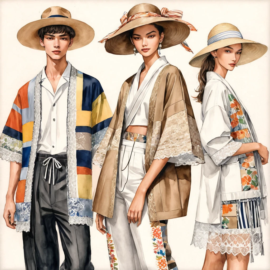 candid fashion illustration a group of young 2man and 1girl, aged 18-23 year old, tall and slender, Mixed race male super model, ((showcase fashionable Lenin outfits inspired by designer Christian Dior resort collection)), in elegant modern Mixed patchwork or collage of ethnic details, natural Earth tone color. The 1st man wears an oversized shirt with embroidery and lace details, paired with slim-fit Pants. The 2nd man complements him in a shirt decorate with lace and an oversized Yukata Jacket with ethnic woven details, paired with big striped Drawstring short. a woman wears patchwork skirt with short-sleeved boluses, frill-trimmed neckline with minimal lace detail, and completes the look with white ensemble includes an accessorizes with a wide-brimmed straw hat, white sneakers. Captured in a ((full-body pose)), ((simple water-color on white paper)), realistic pencil lines, imperfect drawing, charcoal lines detail, fading sketch, fashion Sketching, low angle view, (full body image)