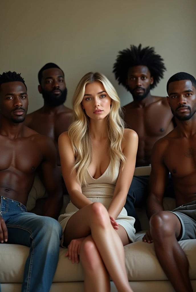 white girl sitting in couch legs crossed blonde surrounded a
5 guys black guys