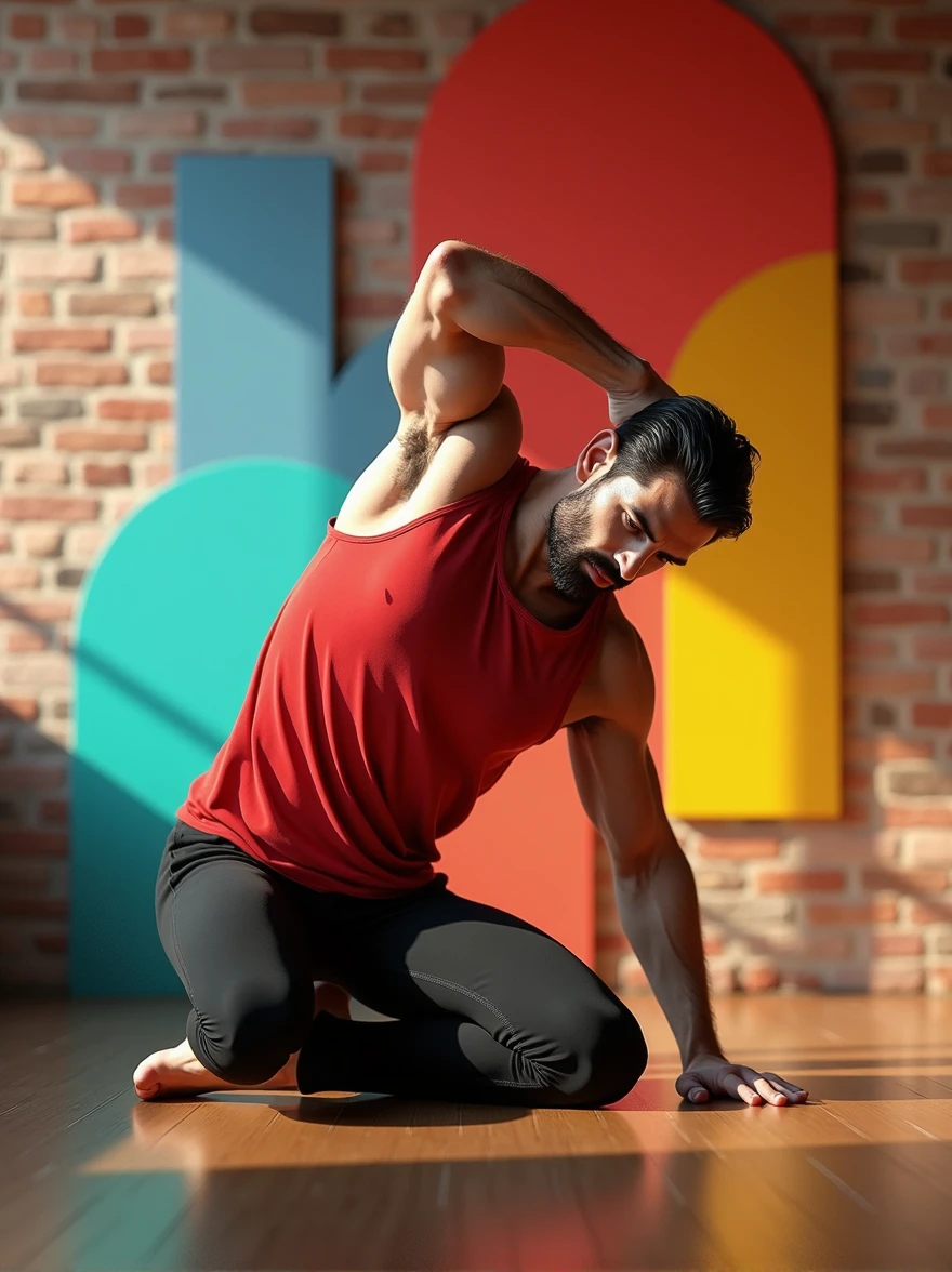 Inside a bright pilates class with exposed brick walls, a male model with a muscular build and dark hair performs a pilates stretch on a mat. He's wearing a red sleeveless top and fitted black leggings that reach below his knees. His expression is focused and determined. Colorful abstract shapes in #FF6B66 and #FFC132 decorate the background, emphasizing his dynamic pose