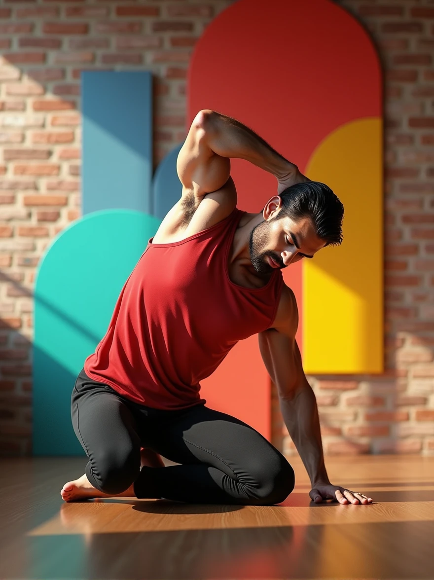 Inside a bright pilates class with exposed brick walls, a male model with a muscular build and dark hair performs a pilates stretch on a mat. He's wearing a red sleeveless top and fitted black leggings that reach below his knees. His expression is focused and determined. Colorful abstract shapes in #FF6B66 and #FFC132 decorate the background, emphasizing his dynamic pose