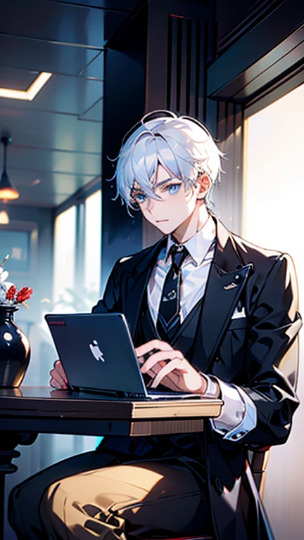 A young man sitting fiddling with his laptop with white hair a black T-shirt with Blue overcoat, His power is technology, Semi-realism