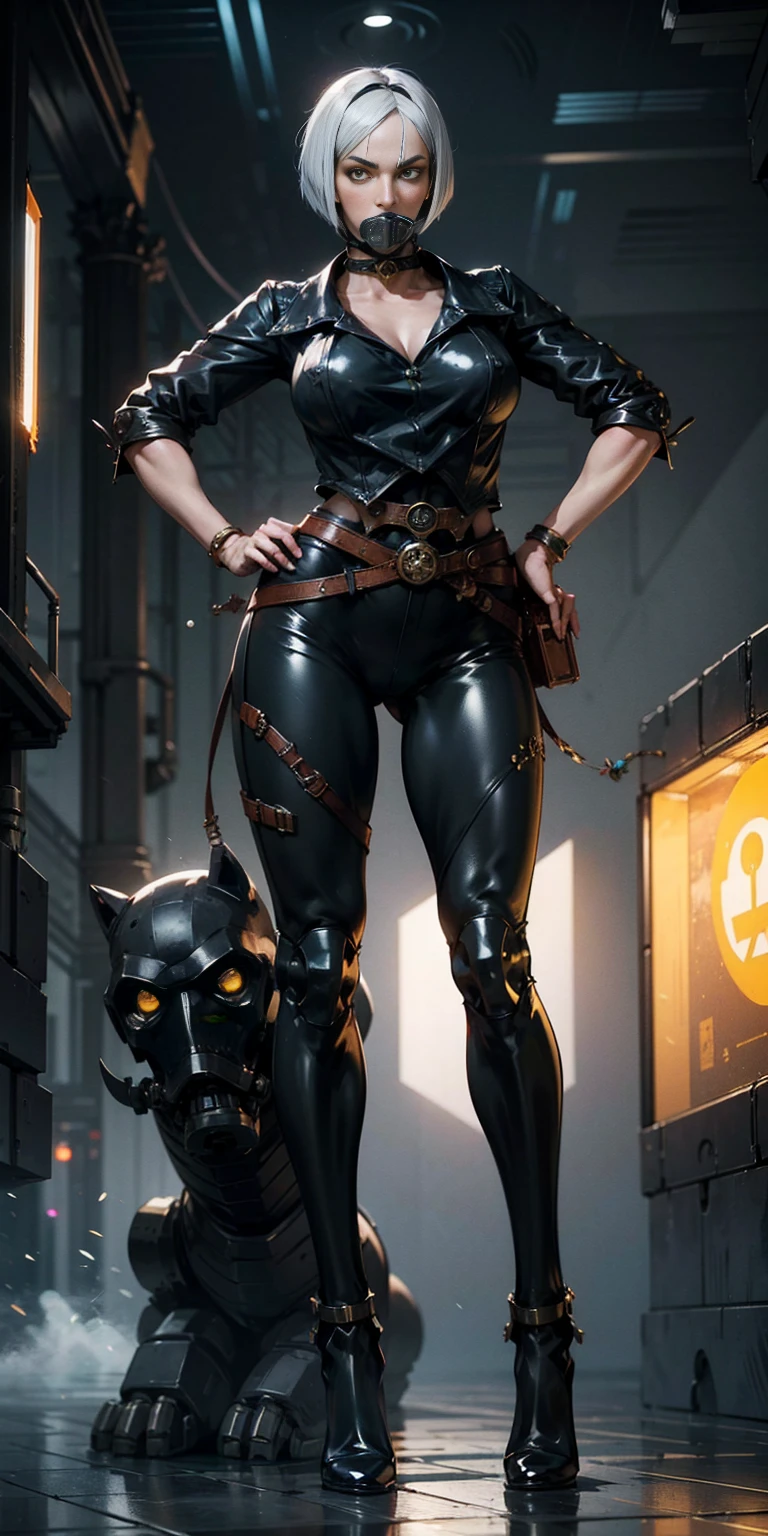 robot girl with a mechanical body, big knockers, yellow bright eyes, and a white bob haircut covered by a black gas mask. She is standing solo, full body, with hands on hips, feet together, viewed from below. Features a leather choker, big belt, bracers, and a tiara.