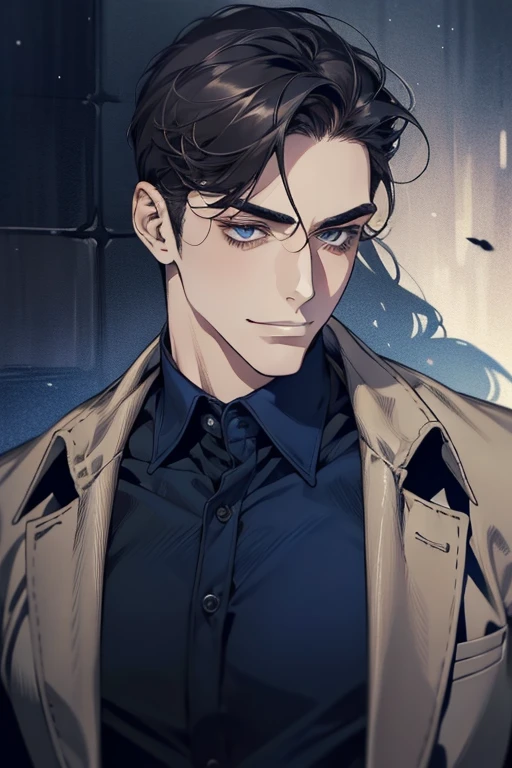 masterpiece, best quality, realistic, 1man, mature male, quiet and charming mature man, 34 years old, smirk and look on the side, closed mouth, portrait, extremely detailed face, smirk, (dark blue eyes), (short-side-swept sandy grey black hair)), [thick eyebrows], (detective clothing)