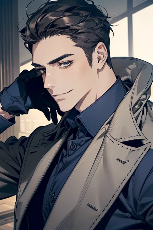 masterpiece, best quality, realistic, 1man, mature male, quiet and charming mature man, 34 years old, smirk and look on the side, closed mouth, portrait, extremely detailed face, smirk, (dark blue eyes), (short-side-swept sandy grey black hair)), [thick eyebrows], (detective clothing)