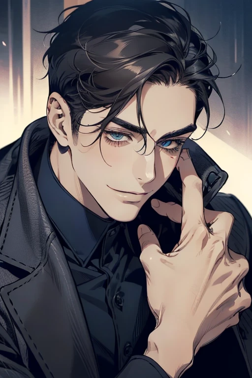 masterpiece, best quality, realistic, 1man, mature male, quiet and charming mature man, 34 years old, smirk and look on the side, closed mouth, portrait, extremely detailed face, smirk, (dark blue eyes), (short-side-swept sandy grey black hair)), [thick eyebrows], (detective clothing)