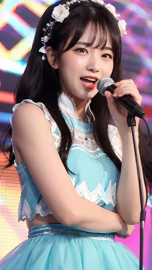 Very cute and beautiful K-POP female idols, Sing on the Gondola Live Stage, 
break,
Face close-up, Singing scene, Dress scene, Looking at the audience, 
break,
Idols depicted in vibrant colors, Colorful idol dresses, Expressing the singing voice of an idol with warm colors