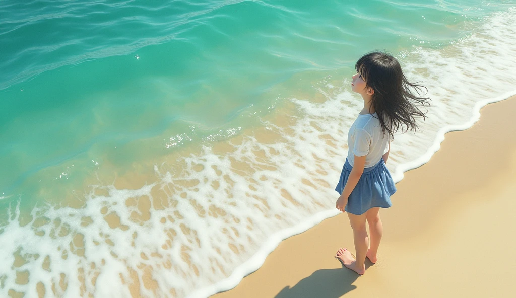 (best quality, masterpiece, ultra detailed, photo realistic), Aerial shot from above: A teenage Japanese female idol stands on the beach, looking up at the sky.