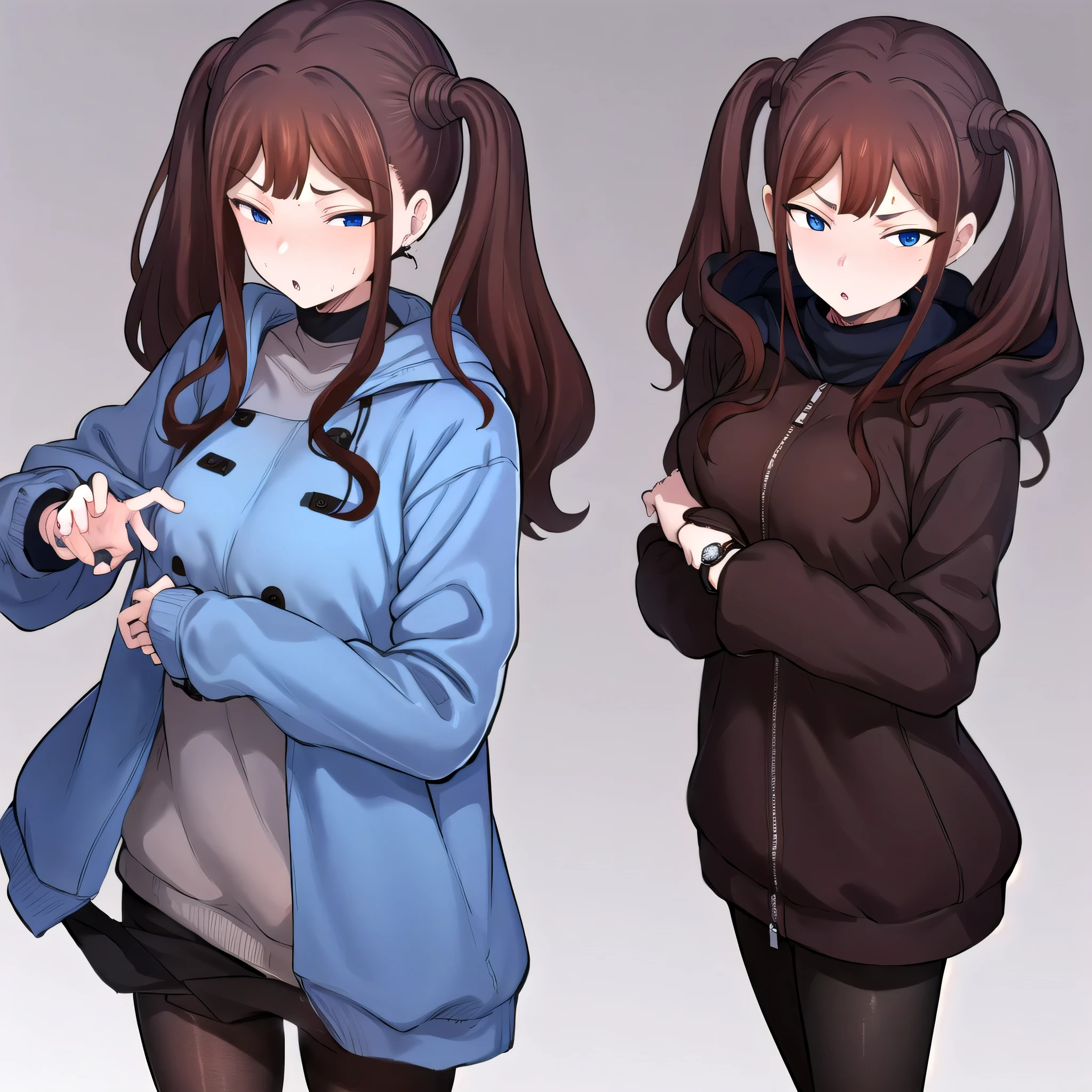 Tsubame NTR, long hair, blue eyes, brown hair, twin tails,
long sleeves, jewelry, pantyhose, earrings, hood, black pantyhose, hoodie, hooded down jacket, ear piercings, watch, blue hoodie,
coat, brown coat, turtleneck