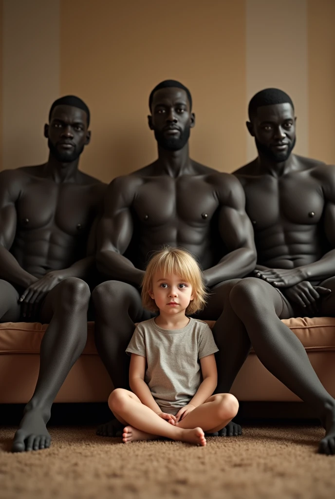 white girl sitting in couch legs crossed blonde surrounded a
5 guys black guys