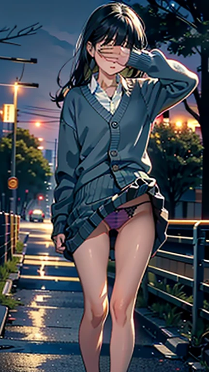 (8k, RAW Photos, 最high quality, masterpiece:1.2), high qualityのRAWカラー写真, Professional photo shoot, Cinematic Light, night、Late night、alone, (((young woman, Gal))), (Sharp features), (Small face), (Skin with attention to detail:1.2), clavicle, Cute Face, Beautiful appearance, Long eyelashes,Girl Turning Around,, (Black Hair, Long straight line), high school student, cardigan, High School Uniform、, White shirt, mini skirt, night Park, Birds chirping, Embarrassing, sad, Artistic painting,Attractive thighs, Loafers on bare feet:1.2, (A very fine touch:1.2), (Watery eye), sad雰囲気, Oil painting style, Dark colors, (Are standing:1.5, lean on a tree, Full body portrait), Smooth texture, Gazing Eyes, Beautiful Skin, Glowing Skin, ((Perfect Fingers, Five Fingers, Anatomically correct)), Background Blur, high quality, Surreal, ((Very detailed, photo shoot)),(Cover your face with your right hand、Grab the skirt with your left hand),,(((Skirt flip、Sexy panties)))、blush、Embarrassing、They hesitate、Looking down、avert your eyes、Full Body Shot、((Hide your face))、Embarrassing、Thick legs、、glamorous