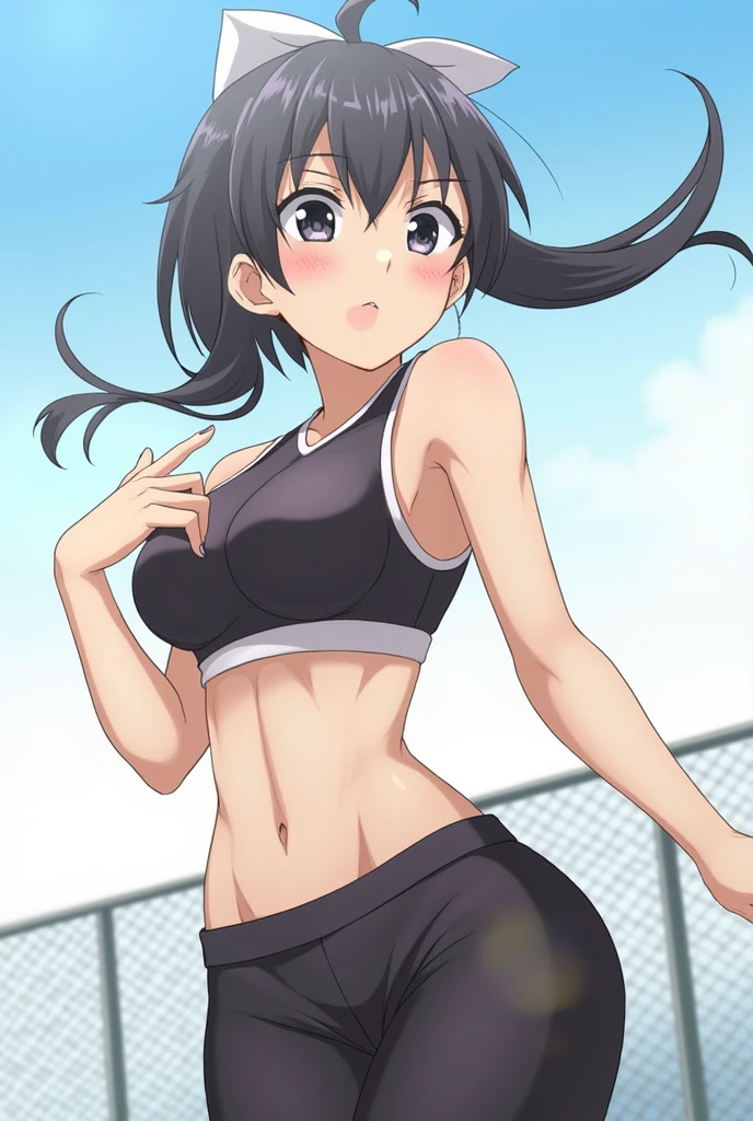 Sports Girl,chest,twin tails,Erotic,Sweat,high school girl,outdoor,uniform,Japanese,exposed,sports bra,pants