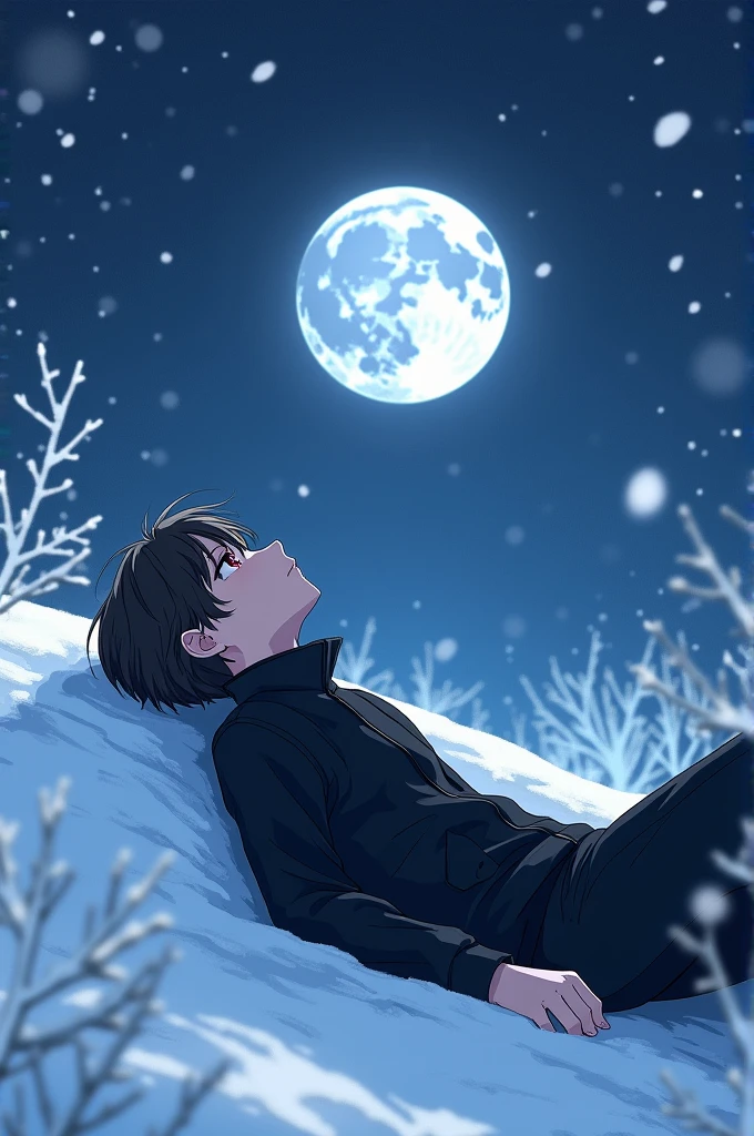 Anime boy wearing black jacket and pants prone in snow and watching moon