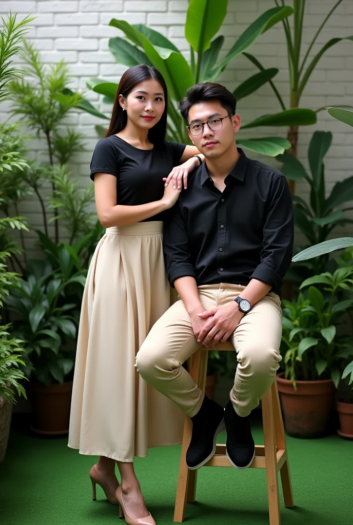 The image shows a couple posing in a lush, green, indoor garden setting. The woman stands to the left, slightly leaning into the man who is seated on a tall stool. She has her left hand gently placed on his right shoulder and his arm resting on her waist. She is dressed in a simple, elegant outfit: a black short-sleeved top tucked into a long, high-waisted cream-colored skirt that reaches down to her ankles. She is wearing nude-colored, low-heeled shoes.
The man is seated on the stool with his hands resting on his knees. He is wearing a casual yet neat outfit: a dark, long-sleeved shirt with the sleeves rolled up, beige chinos, and black ankle boots. He looks straight into the camera with a calm expression.
The background is filled with various green plants and shrubs, creating a serene, natural atmosphere. The white brick wall behind them is partially visible through the foliage, adding a subtle contrast to the greenery. The floor is covered with green artificial grass, which, combined with the plants, gives the space an almost outdoor-like feel despite being indoors.
Overall, the composition of the image is intimate and tranquil, with the couple's close proximity and the lush, vibrant greenery surrounding them contributing to a warm and peaceful mood.
The woman has a delicate and refined facial structure with soft features. Her face is slightly oval, and she has high cheekbones that subtly enhance her gentle expression. Her complexion is fair, and her skin appears smooth and flawless. Her dark hair is neatly pulled back, accentuating her slender neck and graceful posture. Her eyes are almond-shaped, and she has a serene, almost serene gaze directed towards the camera, giving her a composed and calm appearance. Her lips are naturally full and slightly curved into a gentle, content smile.
The man has a more angular facial structure, with a strong jawline and prominent cheekbones. His face is broader, and he has a healthy complexion. His hair is dark, thick, and