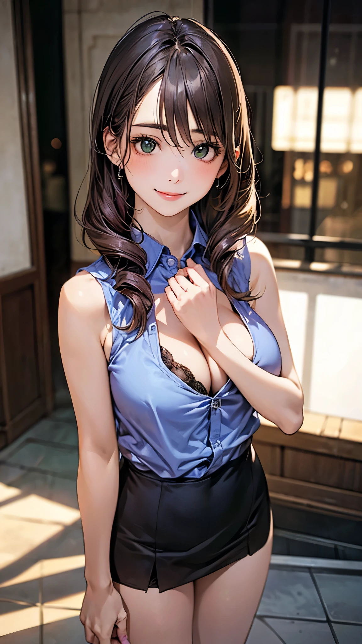 (masterpiece:1.2, highest quality), (realistic, photorealistic:1.4), beautiful illustrations, (natural side lighting, cinema lighting),
view your audience, cowboy shot, front view:0.6, 1 girl, japanese, high school girl, perfect face, cute and symmetrical face, shiny skin,
(long hair:1.8, drill hair:1.7, dark brown hair), hair between the eyes, emerald green eyes, long eyelashes, (large breasts:0.9, thick thighs),
beautiful hair, beautiful face, beautiful attention to detail, beautiful clavicle, beautiful body, beautiful breasts, beautiful thighs, beautiful legs, beautiful fingers,
((light blue sleeveless collared shirt, cleavage, black tight mini skirt, high heels)), pink panties,
(beautiful views), evening, riverside, walking, please place your hand on your chest, (cute smile, upward glance),