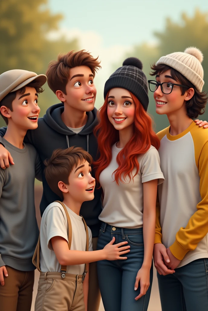 Group of 6 friends 8 year old boy in white shirt, beige suspenders and beige beret Young man with black sweatshirt and grey winter hat Young woman with white t-shirt with long wavy red hair Young man with white shirt and aviator glasses Young man with black tartan hat and black t-shirt Young man with white winter hat and white long-sleeved t-shirt with yellow sleeves