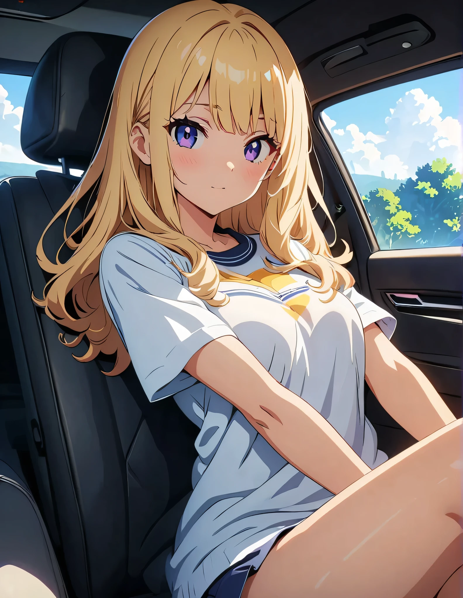 (anime artwork, anime style, studio anime, very detailed, up to date, vibrant, Anime Coloring, high contrast, masterpiece:1.2, best quality, best aesthetics),1 girl,hug from behind, Medium chest, A glimpse of thighs,random hair, One eye is hidden by the bangs, perfect proportions, high detail skin, Cute, detailed faces, precise fingers,curvy,in the car, front passenger's seat