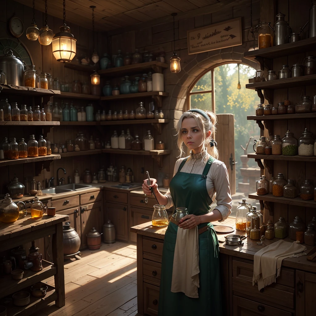 scene where old woman brewing the potion in her alchemist shop, There is a lot of herbs hanging from the ceiling, next to her is large tank for brewing and some metal pipes, stove for alchemy, tinkering, dirty leather clothes and thick leather apron, a lot of flasks and jars, gloomy mood