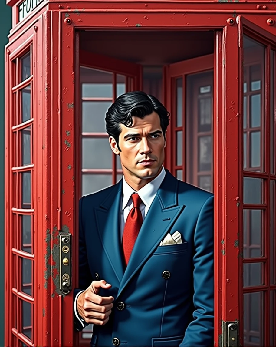 A photorealistic portrait of [Christopher Reeve:Henry Cavill:0.45] as Clark Kent transformation to Superman, in a British Style Victiran Red Telephone Box, insanely intricate details, realistic color pencil illustration, Don Lawrence style, octane render, ultrasharp Focus, 8k