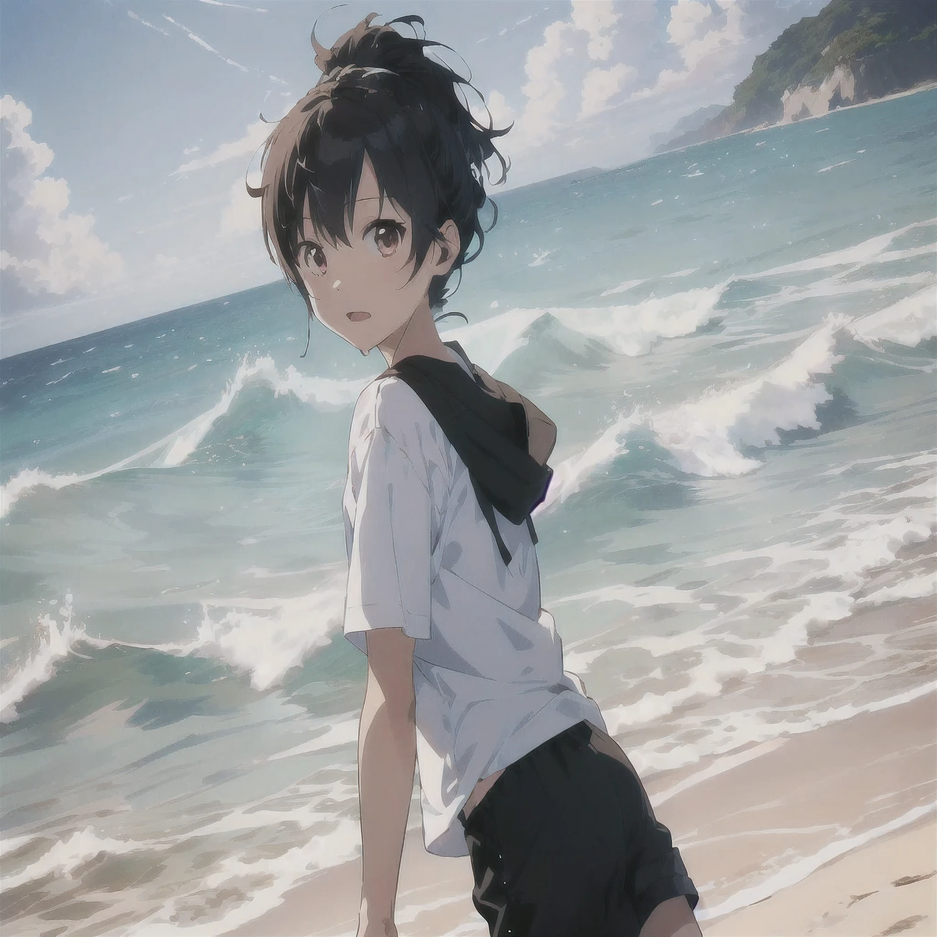해변에 등을 돌린 채 서 있는 anime boy, at the beach, official art, at the beach, anime boy, at the beach, Animation Moe Artstyle, Makoto Shinkai. digital rendering, At sea, standing at the beach, Makoto Shinkai art style, Official Illustration, The tsunami behind it, 8K Anime Wallpaper