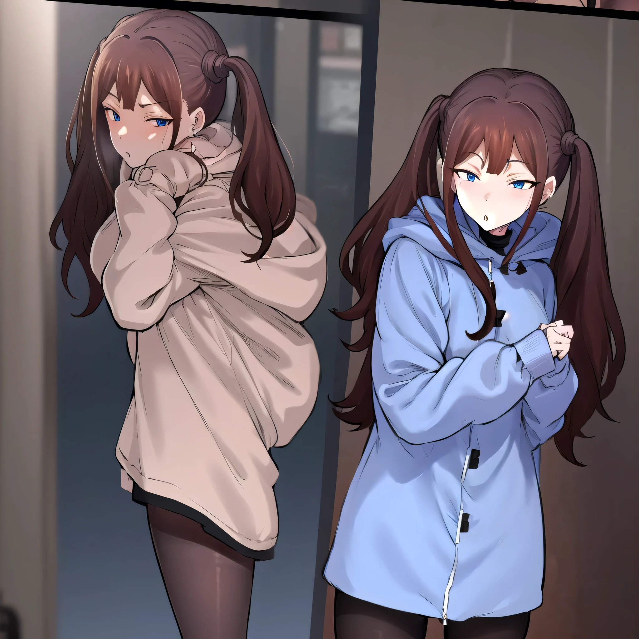 Tsubame NTR, long hair, blue eyes, brown hair, twin tails,
long sleeves, jewelry, pantyhose, earrings, hood, black pantyhose, hoodie, hooded down jacket, ear piercings, watch, blue hoodie,
coat, brown coat, turtleneck,