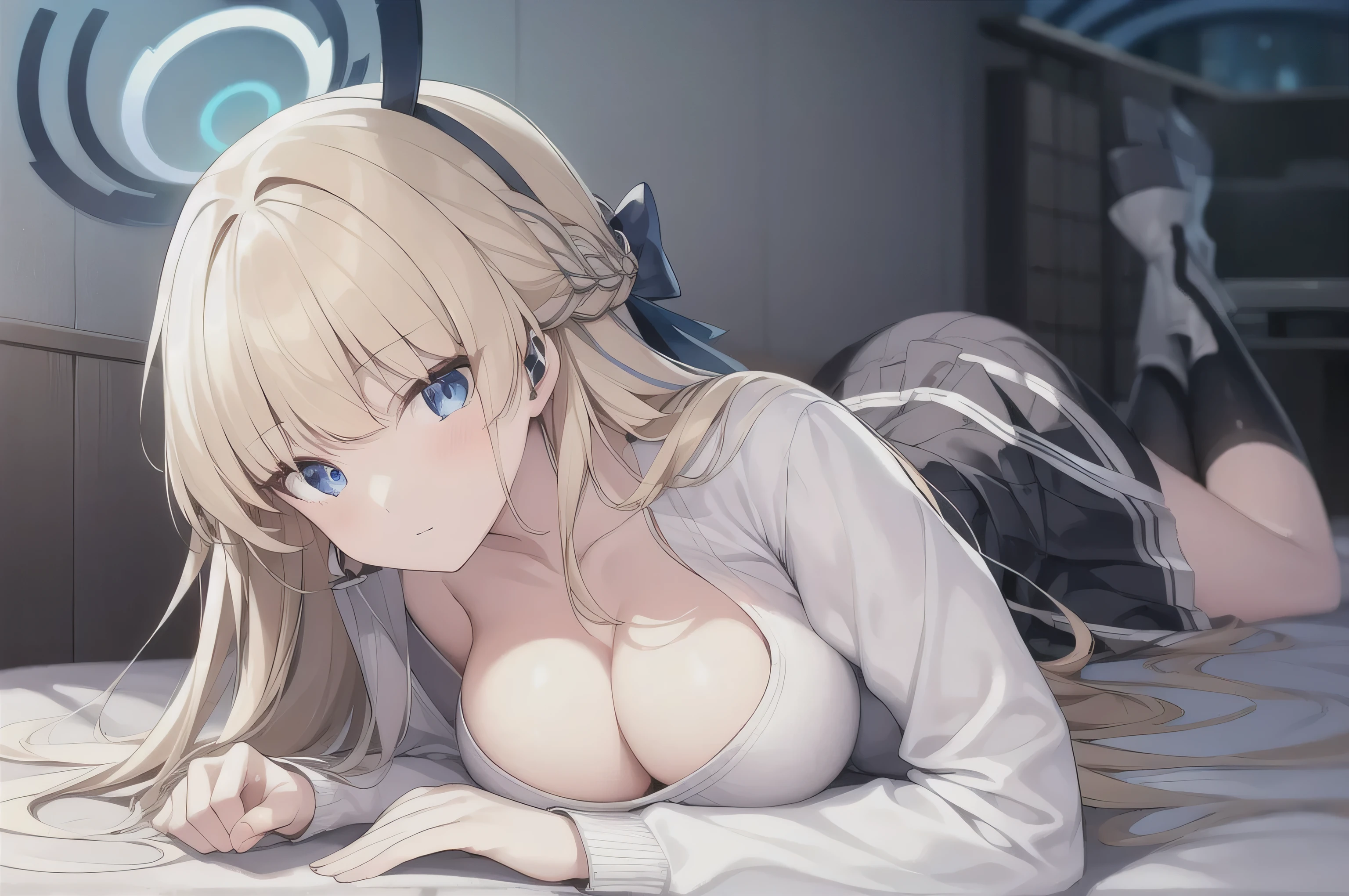 A girl,bionde, Long hair, Eye:1.5), (Large Breasts:1.2),
Rest special short skirt, skirt, White shirt, Seto Fuku,Low-cut,cardigan,Close your eyes,boots,Cleavage Rest,At the same time look at the audience,Lying down,
Rest in the bedroom, rest on bed (masterpiece:1.2), best quality, high resolution, Unity 8K wallpaper, (illustration:0.8), (Beautiful and delicate Eye:1.6), Extremely detailed face, Perfect lighting, Extremely detailed CG, (Perfect hands, Perfect anatomical structure),