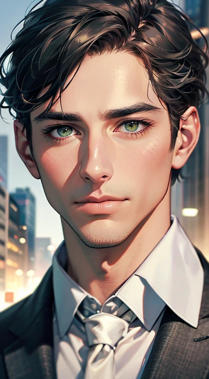 (Highest quality,4K,8K,High resolution,masterpiece:1.2),Super detailed,(Realistic,photoRealistic,photo-Realistic:1.37),1 person,35 years old,Mature Men,Beautiful skin、very handsome,Expressionless,Short gray Black hair,green eyes,Sharp Eyes,A perfect face without a doubt,Businessman, CEO, Office Background,Cinema Lighting,HDR image,tie、