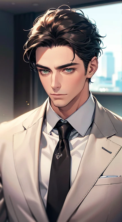 (Highest quality,4K,8K,High resolution,masterpiece:1.2),Super detailed,(Realistic,photoRealistic,photo-Realistic:1.37),1 person,35 years old,Mature Men,Beautiful skin、very handsome,Expressionless,Short gray Black hair,green eyes,Sharp Eyes,A perfect face without a doubt,Businessman, CEO, Office Background,Cinema Lighting,HDR image,tie、