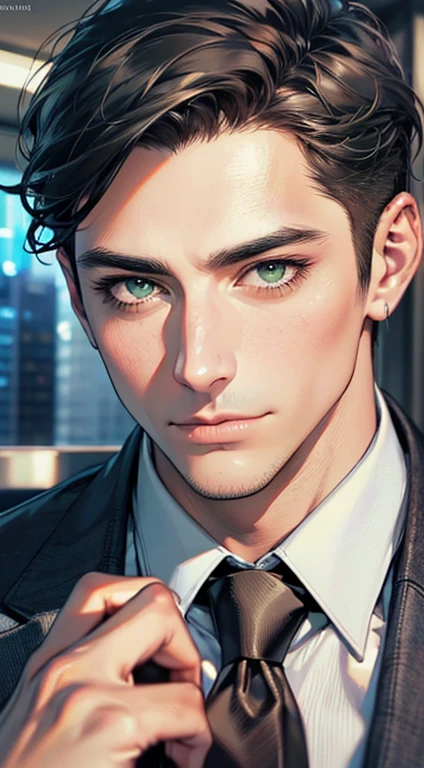 (Highest quality,4K,8K,High resolution,masterpiece:1.2),Super detailed,(Realistic,photoRealistic,photo-Realistic:1.37),1 person,35 years old,Mature Men,Beautiful skin、very handsome,Expressionless,Short gray Black hair,green eyes,Sharp Eyes,A perfect face without a doubt,Businessman, CEO, Office Background,Cinema Lighting,HDR image,tie、