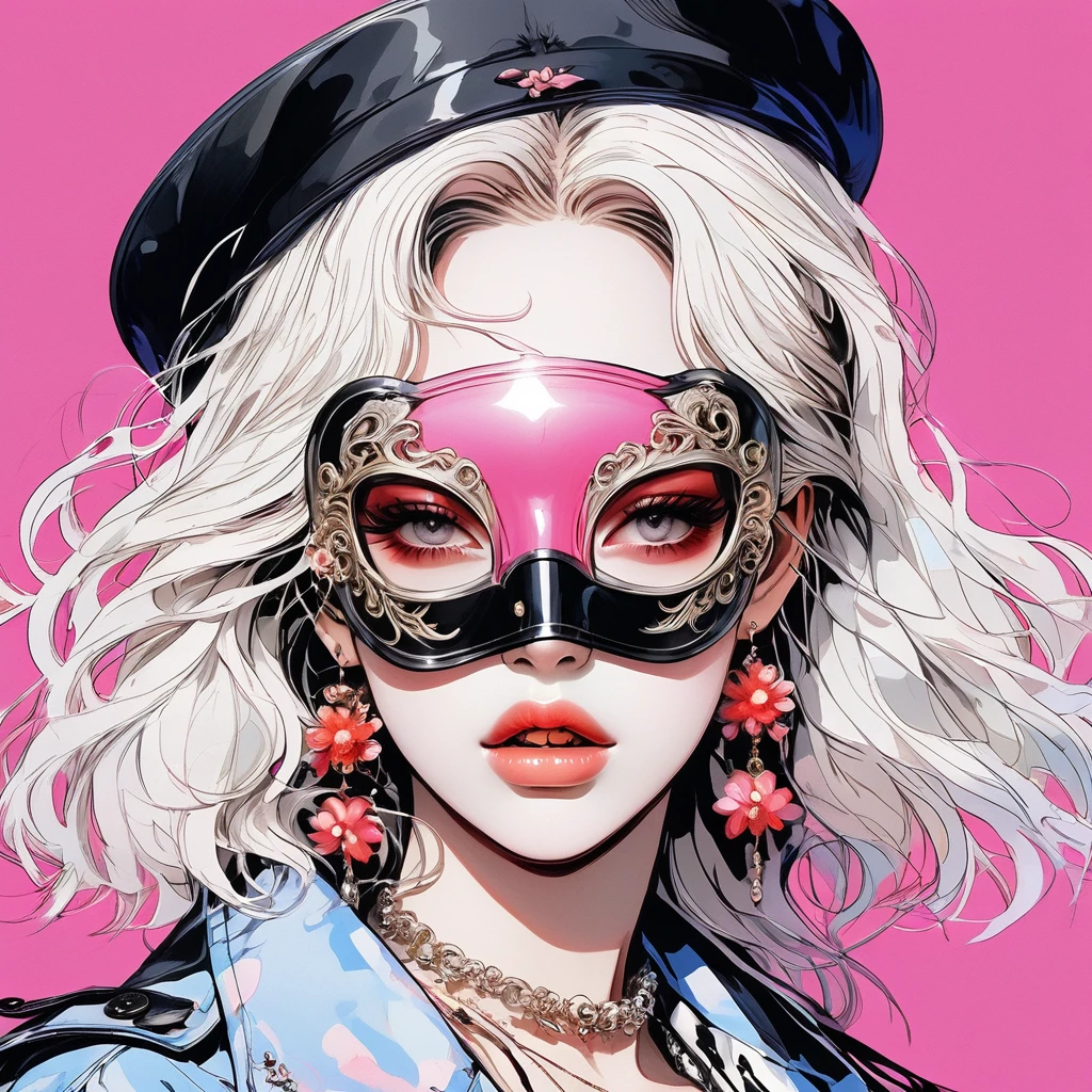 (Highest quality:0.8), (Highest quality:0.8), Perfect illustration,Beautiful woman portrait、One Girl, bangs, Black nails, blonde, Mouth closed, clavicle, ear Earrings, Earrings, Fashion, hair ornaments, food, foodie, Jacket, jewelry, looking at iniewer, Medium Hair, Manicure, necklace, Earrings, short hair, Peony stalks, sleeines past wrists, 一人in, Both sides up, Upper Body, in, Pop Background、Droopy eyes、Celebrity Hats、ぱっつんbangs、summer、Pink gradient background、Earringasquerade Mask、仮面舞踏会のmask、 mask、