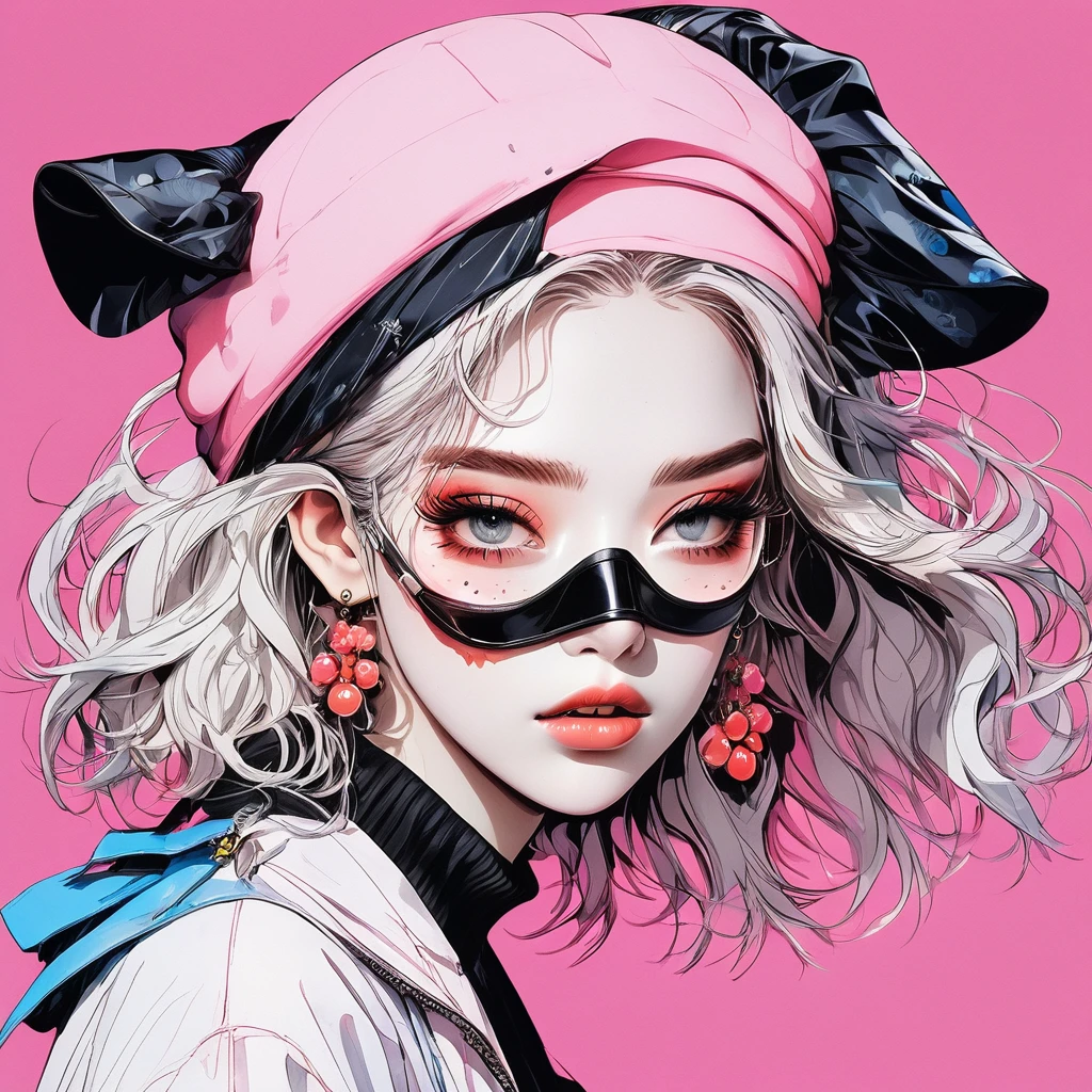 (Highest quality:0.8), (Highest quality:0.8), Perfect illustration,Beautiful woman portrait、One Girl, bangs, Black nails, blonde, Mouth closed, clavicle, ear Earrings, Earrings, Fashion, hair ornaments, food, foodie, Jacket, jewelry, looking at iniewer, Medium Hair, Manicure, necklace, Earrings, short hair, Peony stalks, sleeines past wrists, 一人in, Both sides up, Upper Body, in, Pop Background、Droopy eyes、Celebrity Hats、ぱっつんbangs、summer、Pink gradient background、Earringasquerade Mask、仮面舞踏会のmask、 mask、