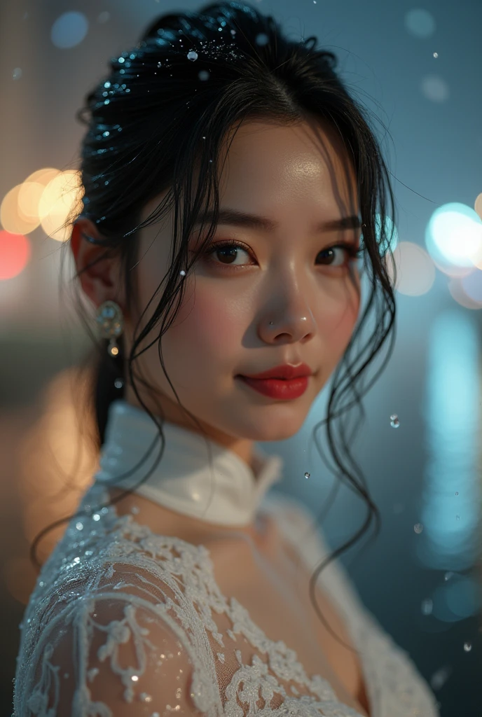 (RAW shooting, Photorealistic:1.5, 8k, Highest quality, masterpiece, 超High resolution), ((((heavy snow, storm)))), Highly detailed skin and facial textures:1.3, Perfect dynamic composition:1.2, (Modern city in front of the church at night, Expressions of sadness:1.0, Tears flow:1.0, Crying with a broken heart:1.0), Slim office lady wet with rain:1.3, Cowboy Shot, Fair skin:1.2, Sexy beauty:1.1, Perfect Style:1.2, beautifully、aesthetic:1.1, Very beautiful face:1.2, Water droplets on the skin, (Rain dripping down on my body:1.2, Wet body:1.2, Wet Hair:1.3), (Professional dressing:1.1, With a wet bouquet:1.2, How to properly wear a wet white wedding dress:1.3), (Mid-chest, Bra see-through, Chest gap),  (Beautiful erotic eyes:0.8, Too erotic:0.8, Fascinating:0.8), necklace, Earrings, bracelet, wedding ring, Highly detailed and accurate hand and finger articulations Detailed body, Attractive body, The perfect human body, Realistic face,　Big Breasts　Big Breasts (Ultimate Quality, masterpiece, High resolution:1.0), Realistic:1.6, photoRealistic, [8k UHD 写真, UHD high quality photos, Extremely detailed and clear images], Close up of a Vietnamese girl with great attention to detail, Attractive body, The perfect human body, Realistic face, (Ultimate Quality, masterpiece, High resolution:1.0), Realistic:1.6, photoRealistic, [8k UHD 写真, UHD high quality photos, Extremely detailed and clear images], Close-up of a Vietnamese girl with a beautiful face, Tall and beautiful like a photo model, , Long legs, Round face, Big round eyes, Cute Smile, Red lips, Long curly eyelashes, Large dimples, Pointed jaws, Plump face, Bright white skin, Slim waist and long legs, 指輪やEarringsを着ける, Her face resembles Tuyet Linh, Tall and plump body type, Wearing a very bright and shiny white silk ao dai, Sitting by the bridge over the lotus pond, Cute pose, Highly lustrous silk ao dai, Wearing a see-through ao dai, Wearing a red bra,