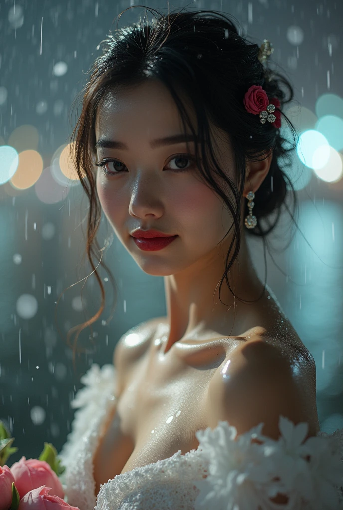 (RAW shooting, Photorealistic:1.5, 8k, Highest quality, masterpiece, 超High resolution), ((((heavy snow, storm)))), Highly detailed skin and facial textures:1.3, Perfect dynamic composition:1.2, (Modern city in front of the church at night, Expressions of sadness:1.0, Tears flow:1.0, Crying with a broken heart:1.0), Slim office lady wet with rain:1.3, Cowboy Shot, Fair skin:1.2, Sexy beauty:1.1, Perfect Style:1.2, beautifully、aesthetic:1.1, Very beautiful face:1.2, Water droplets on the skin, (Rain dripping down on my body:1.2, Wet body:1.2, Wet Hair:1.3), (Professional dressing:1.1, With a wet bouquet:1.2, How to properly wear a wet white wedding dress:1.3), (Mid-chest, Bra see-through, Chest gap),  (Beautiful erotic eyes:0.8, Too erotic:0.8, Fascinating:0.8), necklace, Earrings, bracelet, wedding ring, Highly detailed and accurate hand and finger articulations Detailed body, Attractive body, The perfect human body, Realistic face,　Big Breasts　Big Breasts (Ultimate Quality, masterpiece, High resolution:1.0), Realistic:1.6, photoRealistic, [8k UHD 写真, UHD high quality photos, Extremely detailed and clear images], Close up of a Vietnamese girl with great attention to detail, Attractive body, The perfect human body, Realistic face, (Ultimate Quality, masterpiece, High resolution:1.0), Realistic:1.6, photoRealistic, [8k UHD 写真, UHD high quality photos, Extremely detailed and clear images], Close-up of a Vietnamese girl with a beautiful face, Tall and beautiful like a photo model, , Long legs, Round face, Big round eyes, Cute Smile, Red lips, Long curly eyelashes, Large dimples, Pointed jaws, Plump face, Bright white skin, Slim waist and long legs, 指輪やEarringsを着ける, Her face resembles Tuyet Linh, Tall and plump body type, Wearing a very bright and shiny white silk ao dai, Sitting by the bridge over the lotus pond, Cute pose, Highly lustrous silk ao dai, Wearing a see-through ao dai, Wearing a red bra,