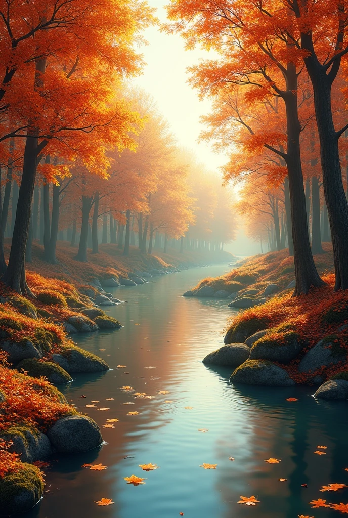 Create a river background and add autumn leaves