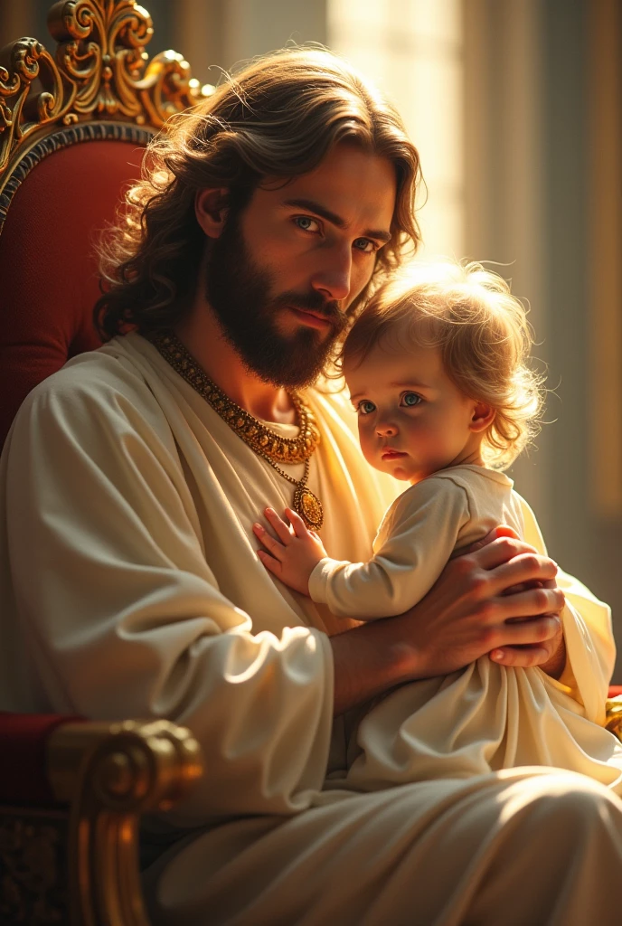 Perfect hand 5 finger, Portrait of a handsome Jesus Christ carrying Jesus Christ. wearing lime clothes shining the light from his head and heart all over. Sitting in the throne of the palace, handsome Jesus Christ and babyus Christ, real blue eyes, sunny day, intricate details.real handsome Jesus Christ and baby Jeshrist, straight head face, Straight body.Prayer handsome Jesus Christ and baby Jesus Ct, perfect full body, perfect hands finger,Prayer handsome Jesus Christ and baby Jesus Chrisraying handsome Jesus Christ and baby Jesus Christ baounds natural photographic