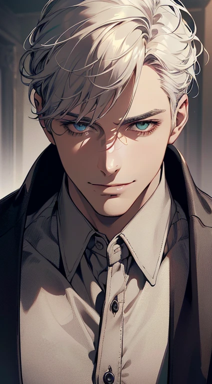((a man, very handsome, smile in love, short grey white hair, green eyes, perfect face without errors)), ((buttonthe jacket, CEO, 32 years. Blue eyes)), (best quality, masterpiece, 8K, photorealistic, cinematic lighting, hdr image, ultra detailed, beautiful image), (portrait, detailed facial features, intricate textures, realistic skin tones, highly detailed, ultra-realistic), (warm lighting, soft shadows, dramatic lighting), (muted color palette, rich tones), (professional photography, high resolution, studio lighting)