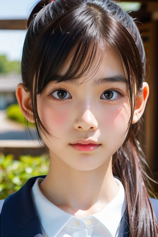 (Beautiful 16 year old Japan woman), Cute Face, (Deeply chiseled face:0.7), (freckles:0.6), Soft Light,Healthy white skin, shy, ponytail, (Serious face), (Sparkling eyes), thin