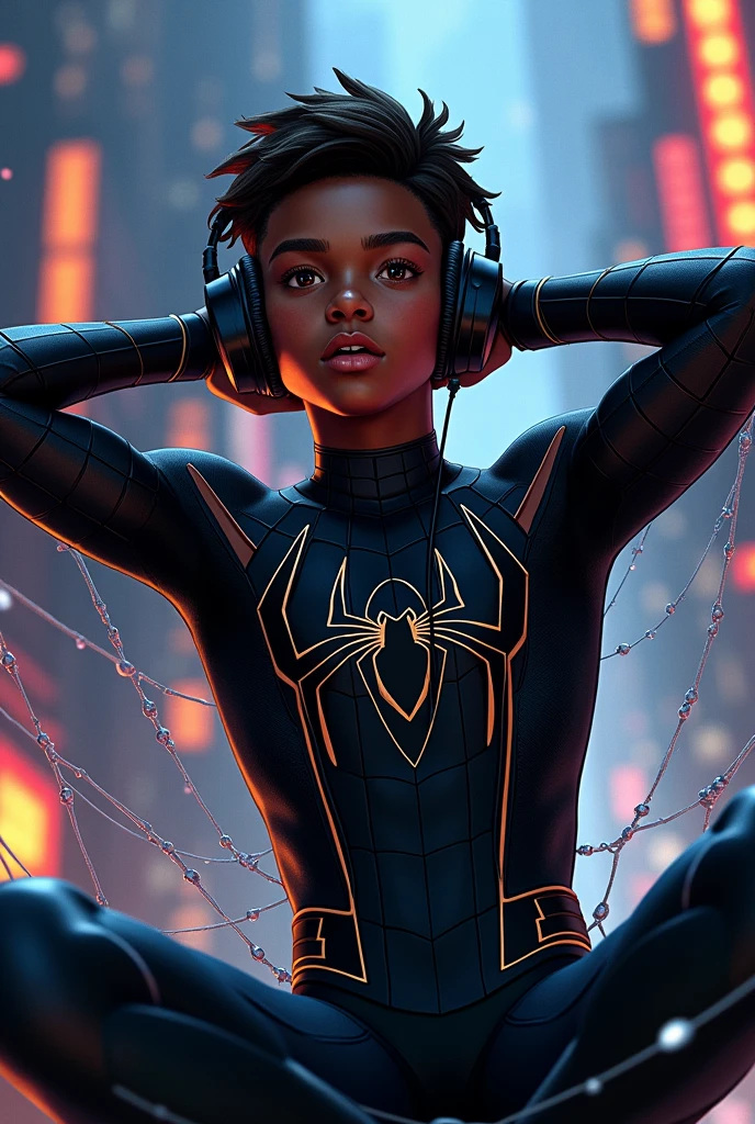 Miles Morales in his black Spiderman suit , comic type , without mask, with his arms behind his head , lying on a spider web and listening to music with big headphones