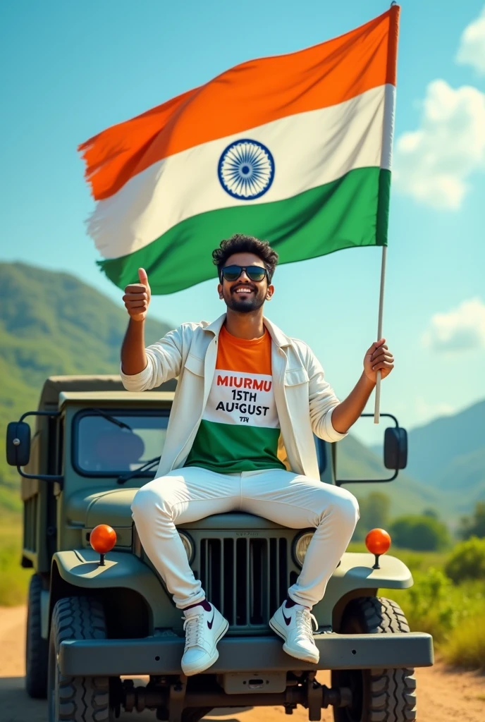 Create an Real image featuring a young man
sitting on the hood of army truck, with Indian's scenic background. He's holding a flag celebrating Indian 15th August. The boy wears a tirnga T-shirt with 'MURMU' 15th August printed on it, white jacket, white pants, white shoes and sunglasses."