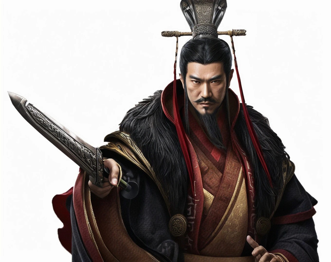 an image of an asian man dressed in traditional dragon pattern clothing with a sword in his hand, shaggy black beard, authoritative face, from three kingdoms, Emperor of the Han Dynasty, emperor's headdress, realistic, white background, 8k, super detail, ccurate, best quality, realistic, photorealistic
