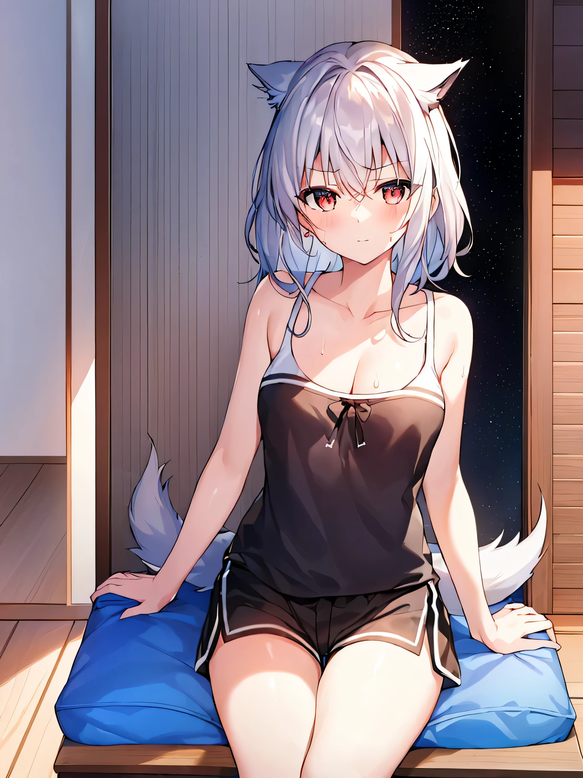 1 girl, , Solitary, , Black_shorts, Nipple Play_,Red_Eye, shorts, Felling, White_hair, Double tail, RedEye Mirror, hair_decorate, fail, fail_, Blushed, curtain, sit, Sweating, Dutch Cape_angle, indoors, fail_Nipple Play_, simple_Shoulders, band_Clip Slip, By Bangs, Deactivate_beak, star_(Symbolism), _top, short_shorts, star_hair_decorate, windows, V-shape_Eyebrows are very, clavicle, Fuzzy, Large target_, _Clip Slip, Ahog, dolphin_shorts, Play_Nipple Plays, Fuzzy_background, Jewelry, Side lock, White__top, Changes through, shirt, short_Double tail, White_shirt,