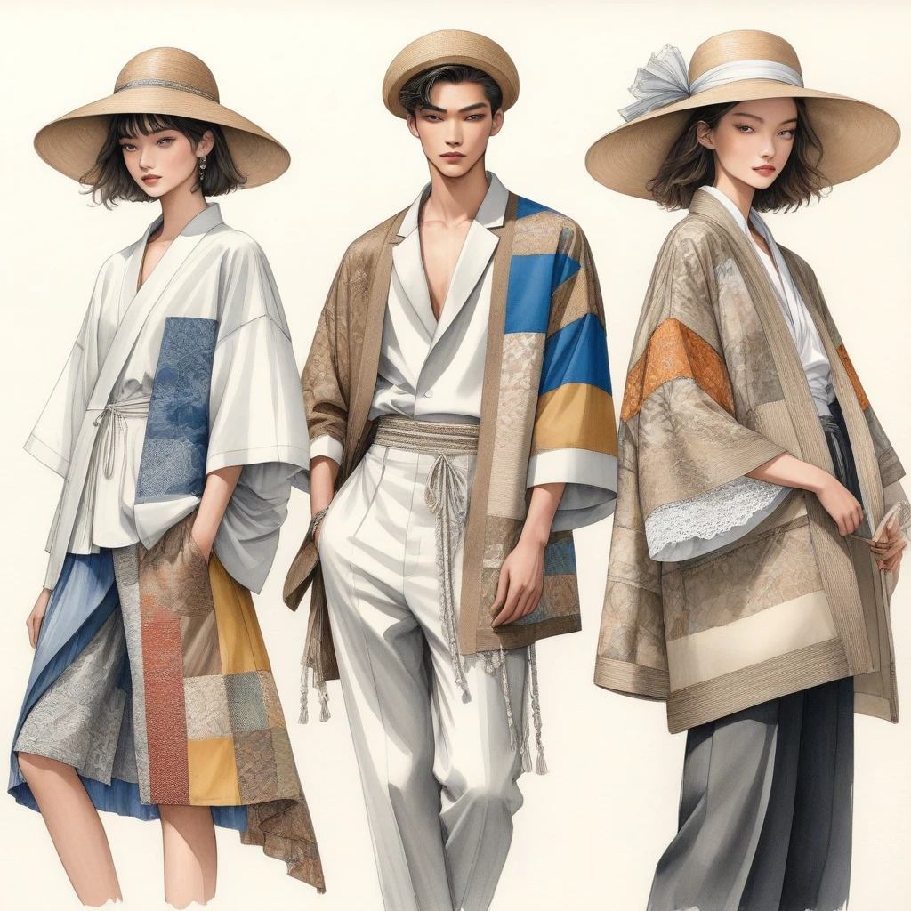 candid fashion illustration a group of young 2man and 1girl, aged 18-23 year old, tall and slender, Mixed race male super model, ((showcase fashionable Lenin outfits inspired by designer Christian Dior resort collection)), in elegant modern Mixed patchwork or collage of ethnic details, natural Earth tone color. The 1st man wears an oversized shirt with embroidery and lace details, paired with slim-fit Pants. The 2nd man complements him in a shirt decorate with lace and an oversized Yukata Jacket with ethnic woven details, paired with big striped Drawstring short. a woman wears  patchwork skirt  with short-sleeved boluses, frill-trimmed neckline with minimal lace detail, and completes the look with white ensemble includes an accessorizes with a wide-brimmed straw hat, white sneakers. Captured in a ((full-body pose)), ((simple water-color on white paper)), realistic pencil lines, imperfect drawing, charcoal lines detail, fading sketch, fashion Sketching, low angle view, (full body image)