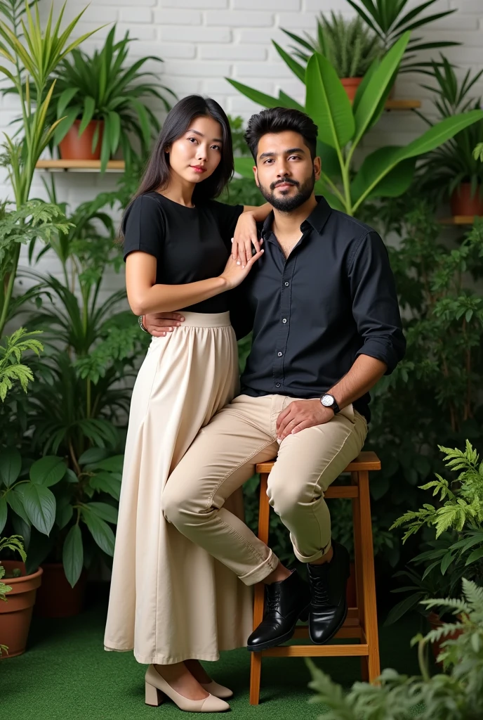 The image shows a couple posing in a lush, green, indoor garden setting. The woman stands to the left, slightly leaning into the man who is seated on a tall stool. She has her left hand gently placed on his right shoulder and his arm resting on her waist. She is dressed in a simple, elegant outfit: a black short-sleeved top tucked into a long, high-waisted cream-colored skirt that reaches down to her ankles. She is wearing nude-colored, low-heeled shoes.

The man is seated on the stool with his hands resting on his knees. He is wearing a casual yet neat outfit: a dark, long-sleeved shirt with the sleeves rolled up, beige chinos, and black ankle boots. He looks straight into the camera with a calm expression.

The background is filled with various green plants and shrubs, creating a serene, natural atmosphere. The white brick wall behind them is partially visible through the foliage, adding a subtle contrast to the greenery. The floor is covered with green artificial grass, which, combined with the plants, gives the space an almost outdoor-like feel despite being indoors.

Overall, the composition of the image is intimate and tranquil, with the couple's close proximity and the lush, vibrant greenery surrounding them contributing to a warm and peaceful mood.
The woman has a delicate and refined facial structure with soft features. Her face is slightly oval, and she has high cheekbones that subtly enhance her gentle expression. Her complexion is fair, and her skin appears smooth and flawless. Her dark hair is neatly pulled back, accentuating her slender neck and graceful posture. Her eyes are almond-shaped, and she has a serene, almost serene gaze directed towards the camera, giving her a composed and calm appearance. Her lips are naturally full and slightly curved into a gentle, content smile.

The man has a more angular facial structure, with a strong jawline and prominent cheekbones. His face is broader, and he has a healthy complexion. His hair is dark, thick, and 