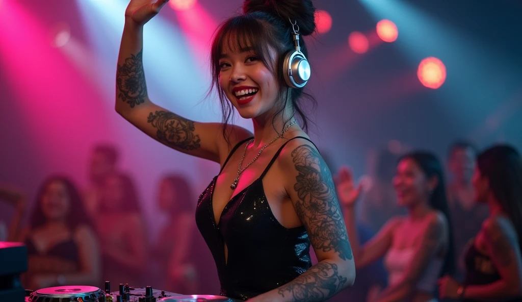 8k, a dancing beautiful asian cyborg with brown bun hair, ((DJ)), ((tattoos)), photography, portrait of gadis_jelita wearing black sequin flowy silk dress, red lipstick, silver DJ Headset, ((laughing)) ((eyes looking at camera)), excited, one hand on the air, detail, DJ table, ((shouting)) to the crowd, picture from front view, in blurry background, soft focus, (masterpiece, sidelighting, finely detailed beautiful eyes: 1.2), bokeh, hdr